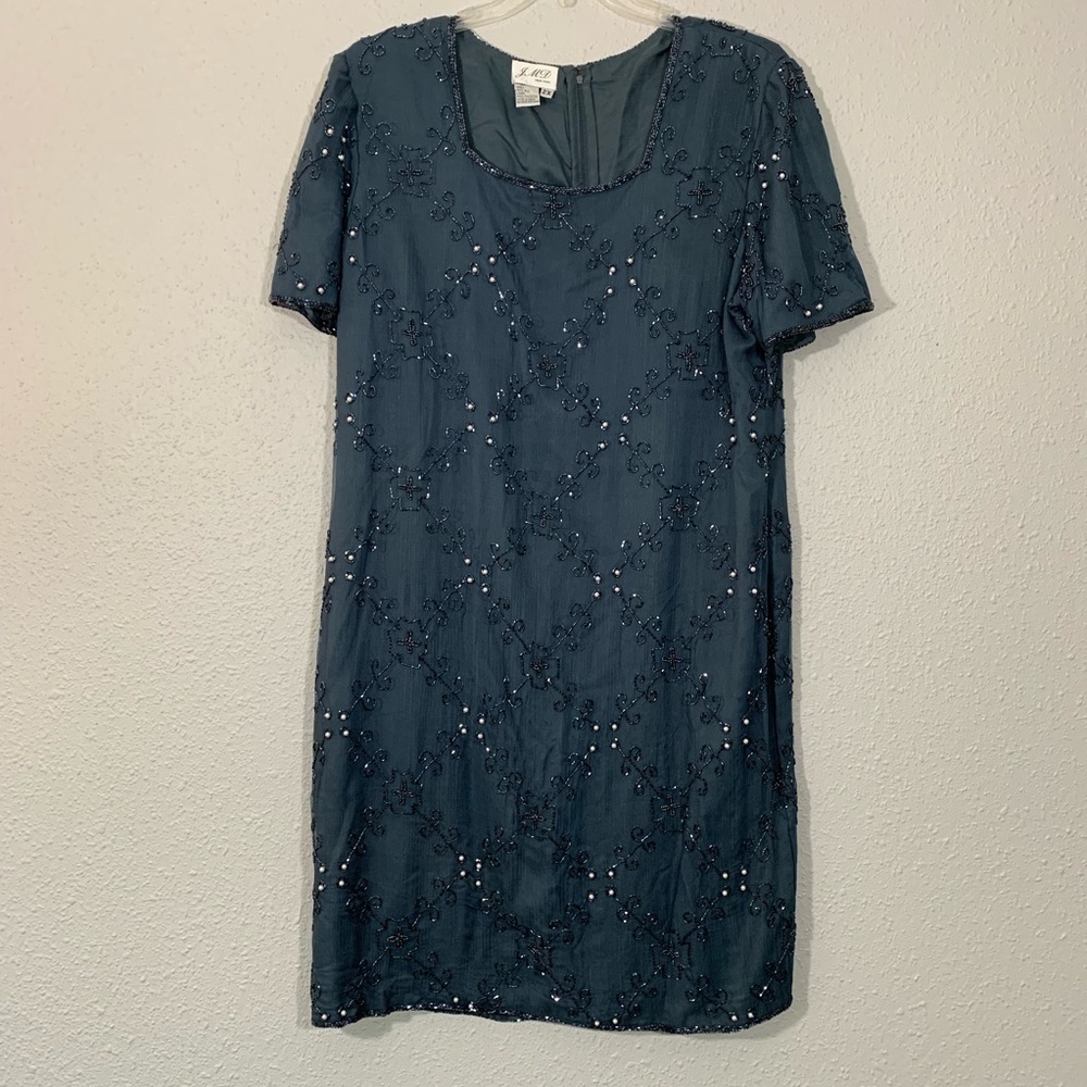 Vintage JMD Gray Beaded Silk‎ Sheath Dress size 2X